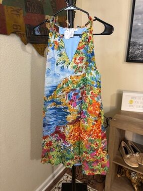 London Times Blue Multicolor Coastal Halter Mini Dress